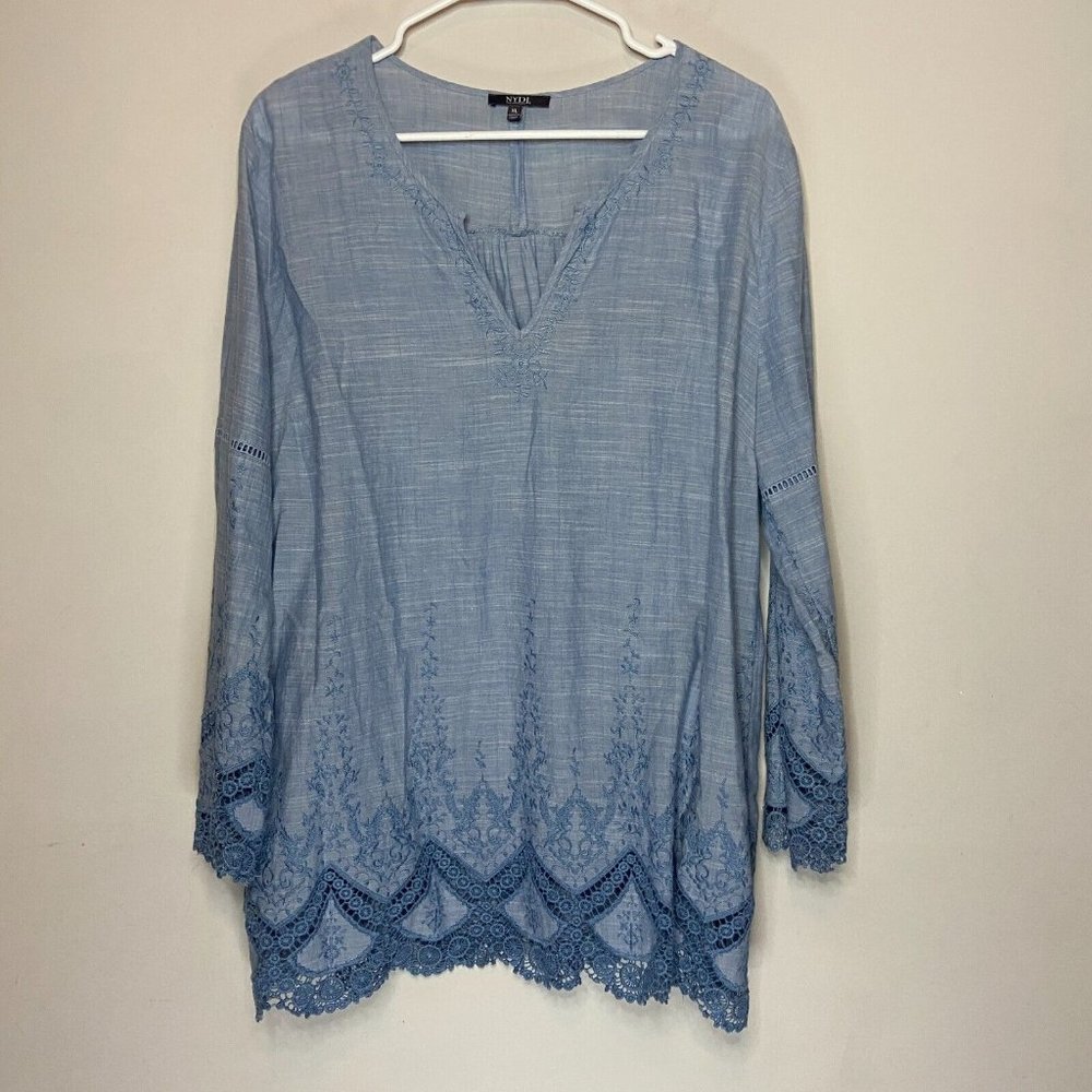 NYDJ Women XL Floral Top Tunic Blouse Embroidered Lightweight Pullover Shirt